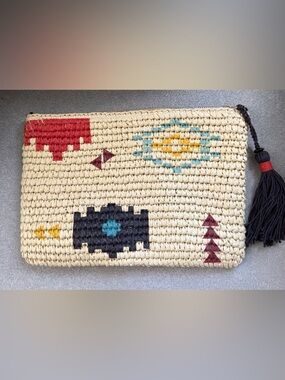 Handwoven Cream Woven Clutch with Multicolor Geometric Accents